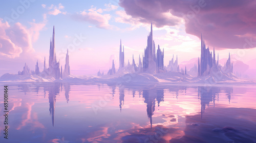 A landscape filled with floating islands bathed in soft, ethereal light. Skies are adorned with neon hues, casting a dreamy glow on the metallic structures that seem to defy gravity