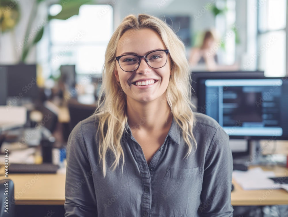 A cheerful professional enjoys her work in a modern office setting, her radiant smile reflecting satisfaction and confidence as she tackles the day's tasks. A cheerful professional enjoys her work in a modern office setting, her radiant smile reflecting satisfaction and confidence as she tackles the day's tasks.
