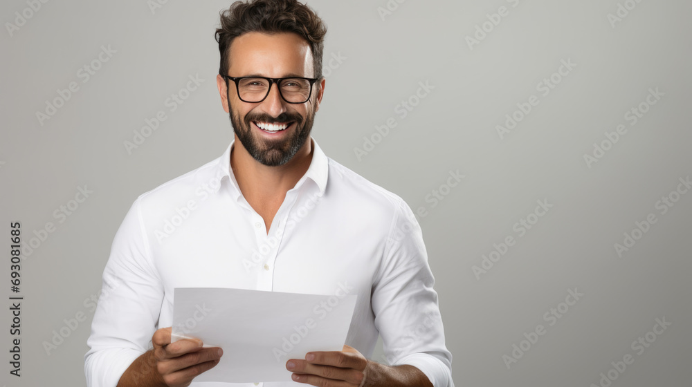 Professional man smiling while holding a stack of documents. Professional man smiling while holding a stack of documents.