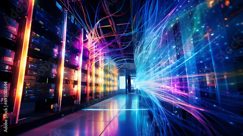 Dynamic image of a network cable with streaming colorful light, symbolizing high-speed internet and technology photo