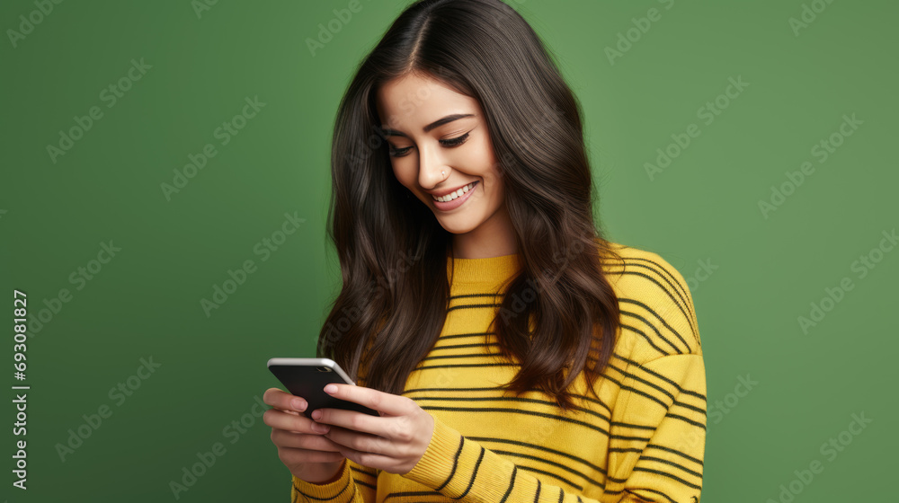 Woman is using a smartphone, wearing a striped sweater against colored background Woman is using a smartphone, wearing a striped sweater against colored background
