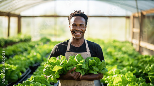 Man farmer in an apron holding fresh lettuce in a greenhouse