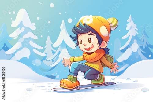 childrens beginner snowboard on fresh snow