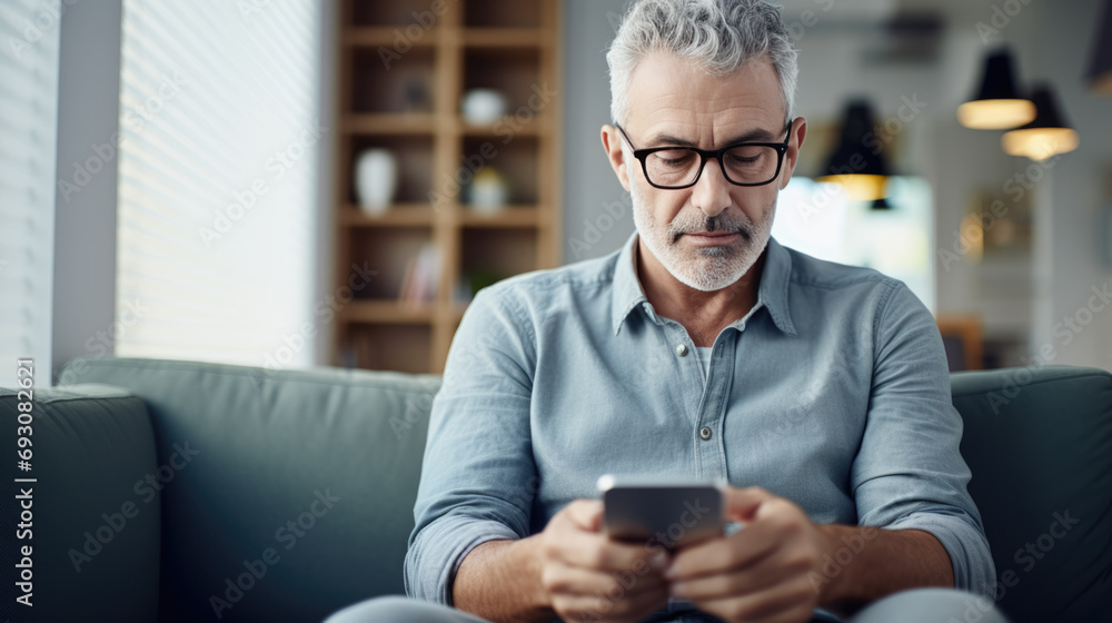 Man sits on the couch at home and smiles holding his smartphone in his hands Man sits on the couch at home and smiles holding his smartphone in his hands