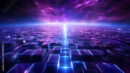 cyan blue and purple matrix concept grid, futuristic layout landscape, digital technology, AI, artificial intelligence, landscape, video game background, 3d space photo