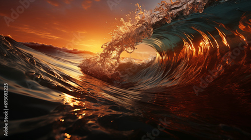 Waves in the middle of the sea. Sunset. Ideal environment for wave surfing. Orange colours.Generative AI