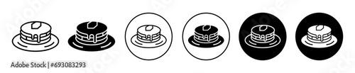 pancakes icon. Homemade sweet fluffy pancake dessert with butter logo set. hot roasted pancake pastry with maple syrup symbol vector 