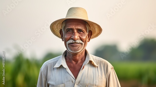 A confident portrait of a happy Indian farmer in rural India concept on white background. 