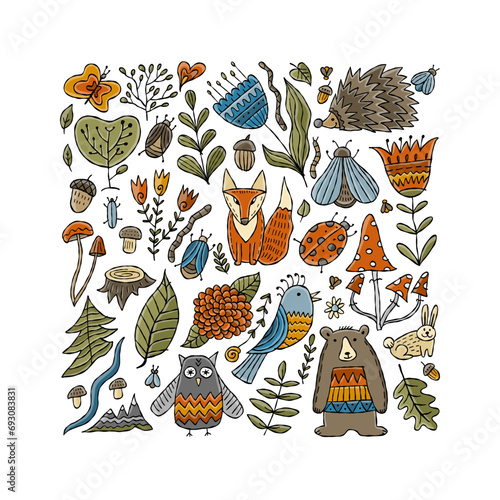 Woodland background. Forest animals in cartoon style. Ideas for kids design -...