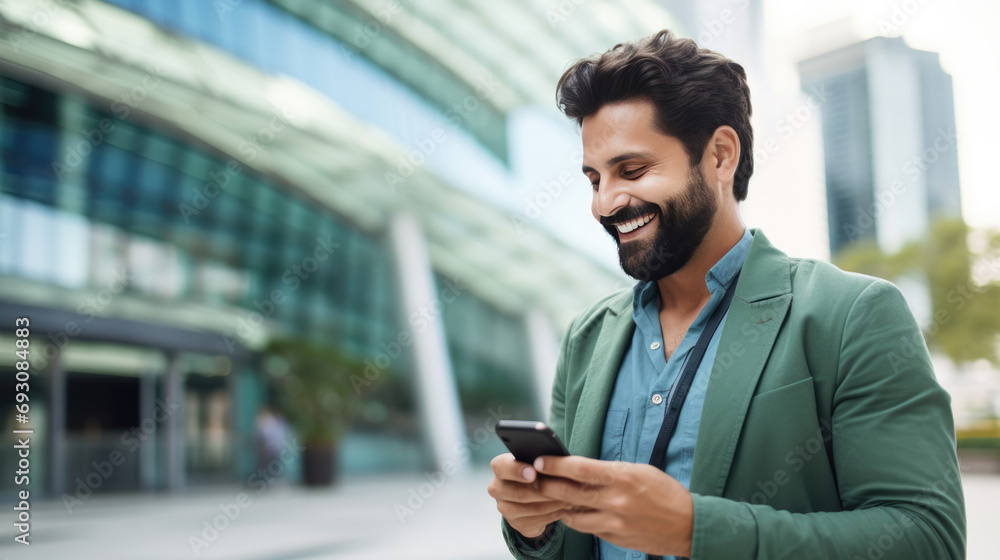 Woman is looking at his smartphone, standing on an urban sidewalk with buildings in the background. Woman is looking at his smartphone, standing on an urban sidewalk with buildings in the background.