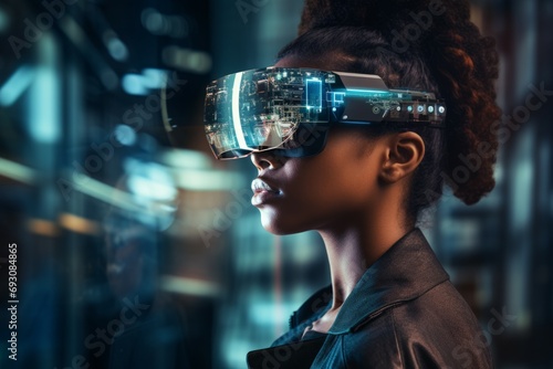 Woman wearing smart glasses futuristic technology digital remix, Blue background photo