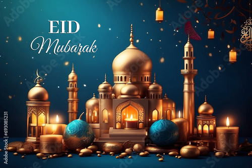 Eid Mubarak background with candles and mosque, Eid Mubarak Muslim, Ramadan background, Islamic celebration