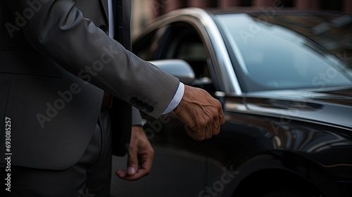male hand on the handle of a professional transport service car, business class or pickup truck