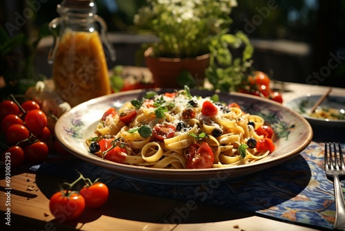 Tasty homemade pasta with tomatoes served on the table outdoors in sunny summer day.