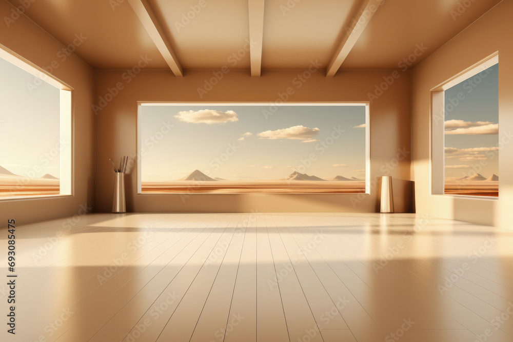 Fototapeta premium Empty room with a free wall: beige, yellow as the main tones. Mockup, copy space.