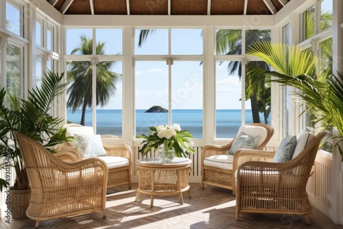 coastal-style sunroom with rattan chairs, tropical plants, and seaview french windows