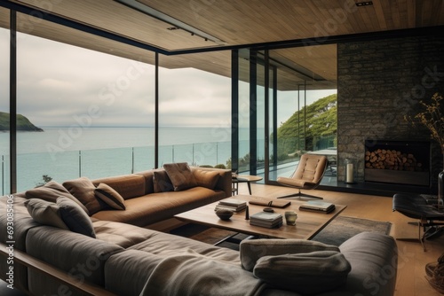 a modern living room with floor-to-ceiling windows overlooking the sea