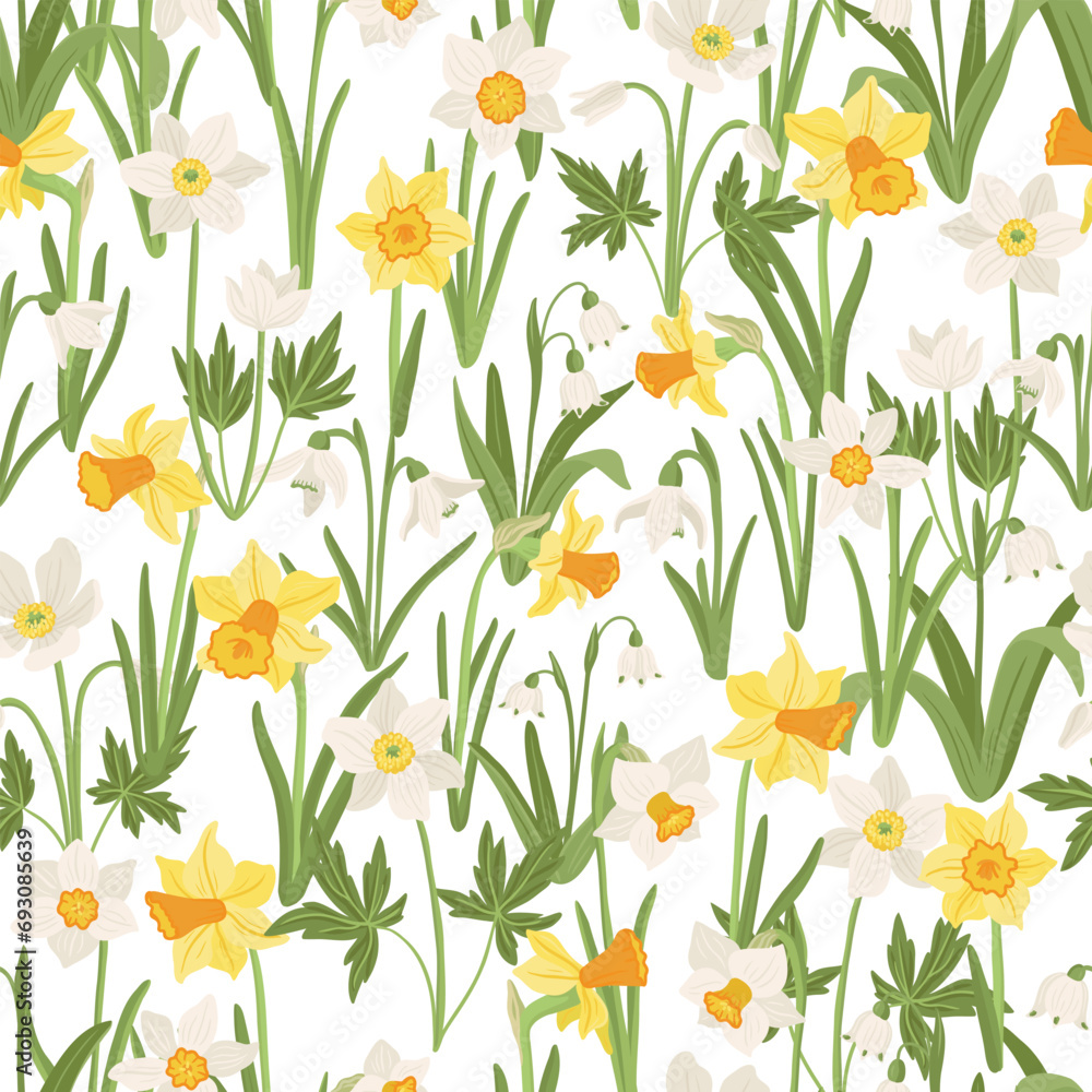 seamless pattern with daffodils, spring flowers, vector drawing wild plants at white background, floral ornament, hand drawn botanical illustration