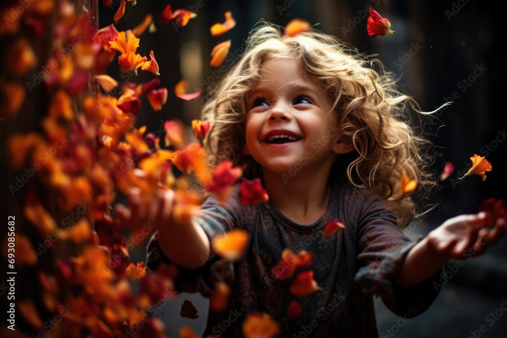 a child throwing a handful of vibrant flower petals in the air - obrazy, fototapety, plakaty 