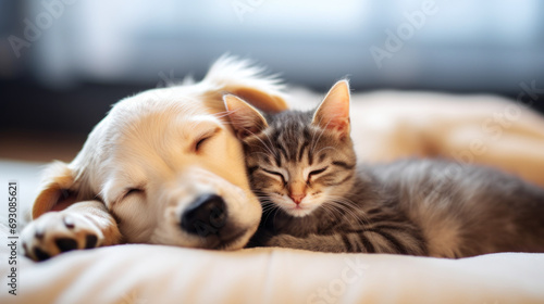 chien et chat endormi ensemble collé l'un à l'autre pour la sieste photo