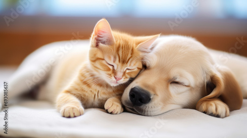 chien et chat endormi ensemble collé l'un à l'autre pour la sieste photo