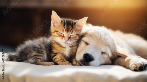 chien et chat endormi ensemble collé l'un à l'autre pour la sieste