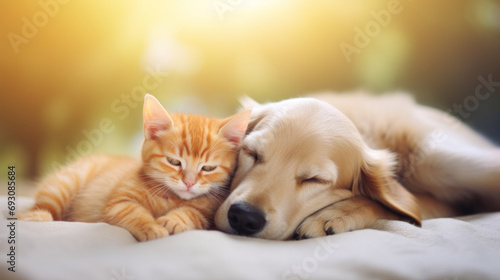 chien et chat endormi ensemble collé l'un à l'autre pour la sieste