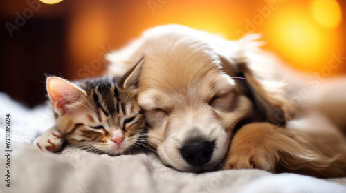 chien et chat endormi ensemble collé l'un à l'autre pour la sieste