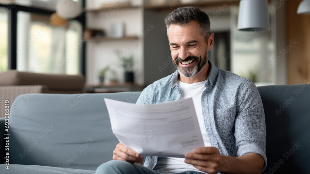 Cheerful man sitting comfortably on a sofa, holding and reading a document, with a bright and friendly smile.