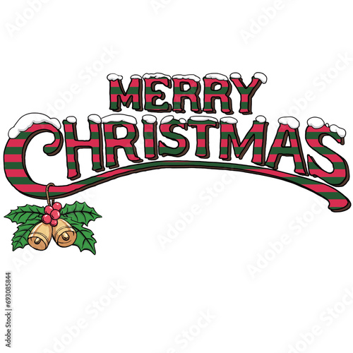 赤と緑のボーダーに雪が積もったMERRY CHRISTMASロゴ_鈴あり