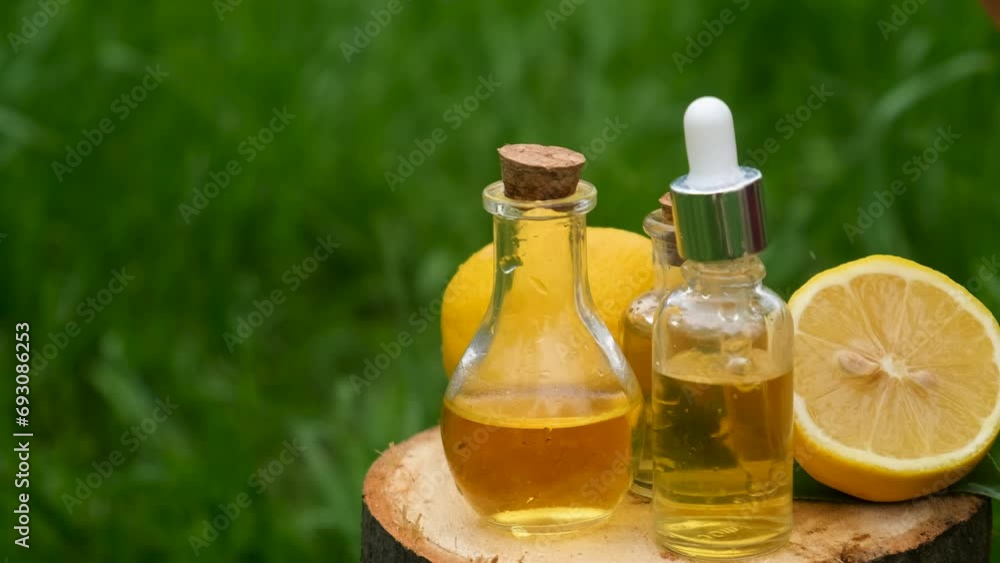 Lemon essential oil in a bottle. Selective focus. Lemon essential oil in a bottle. Selective focus.