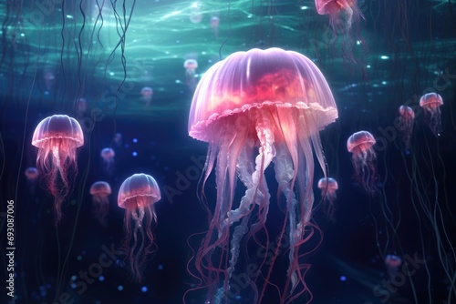 jellyfish glowing under cosmic rays in the dark expanse of space