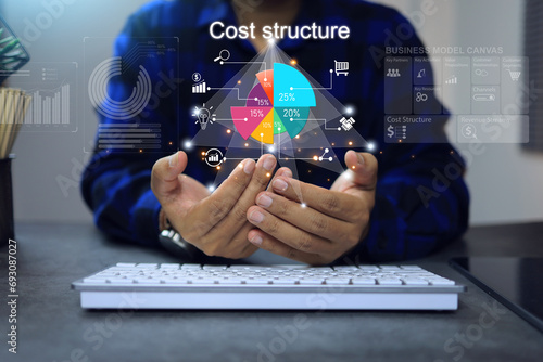 Entrepreneur's hand holding to analysis the cost structure on pie chart include factor such as production, staffing, maintenance transportation and advertising with business model canvas tools photo