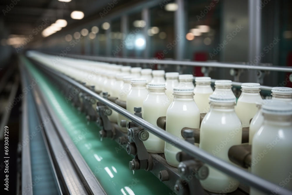 a detailed shot of a conveyor belt transporting milk bottles