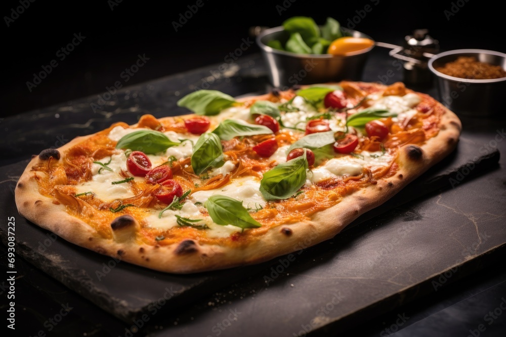freshly baked flatbread pizza garnished with basil leaves on a stone tray