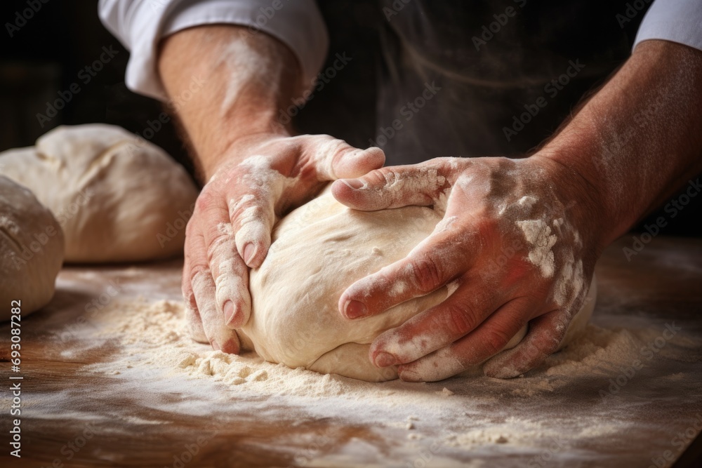 close-up shot of hands kneading dough in a bakery