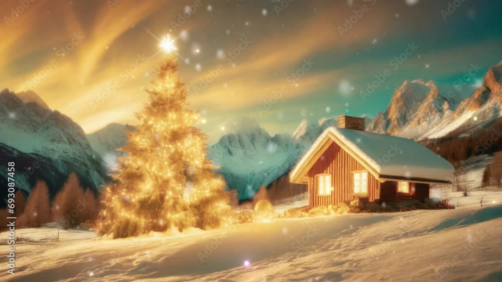 Christmas Tree, House, and Snowy Mountains , Winter Wonderland , christmas video animation ,