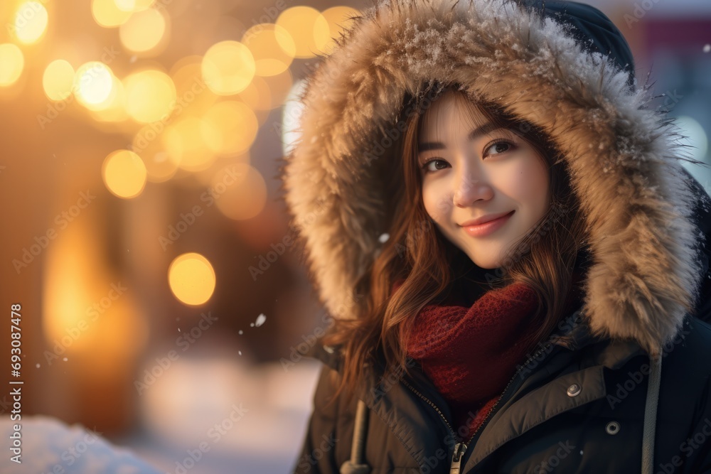 portrait of a woman in a coat and hood in winter portrait of a woman in a coat and hood in winter