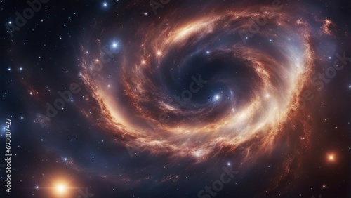 A view from space to a spiral galaxy and stars. Universe filled with stars, nebula and galaxy