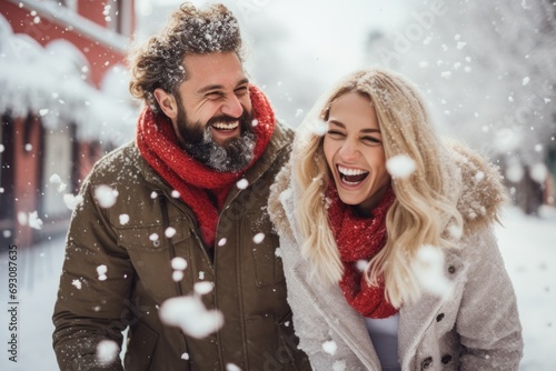 Playful snowball fight between a couple in a winter wonderland, laughter and joy in the spirit of Valentine's Day