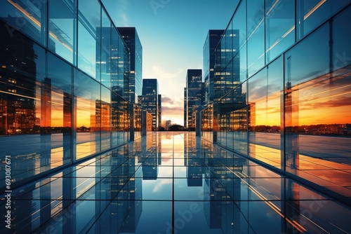 Reflective glass facade of a modern skyscraper  urban architectural elegance