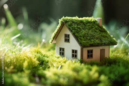 Green and environmentally friendly housing concept. Miniature wooden house in spring grass, moss and ferns on a sunny day. Eco house