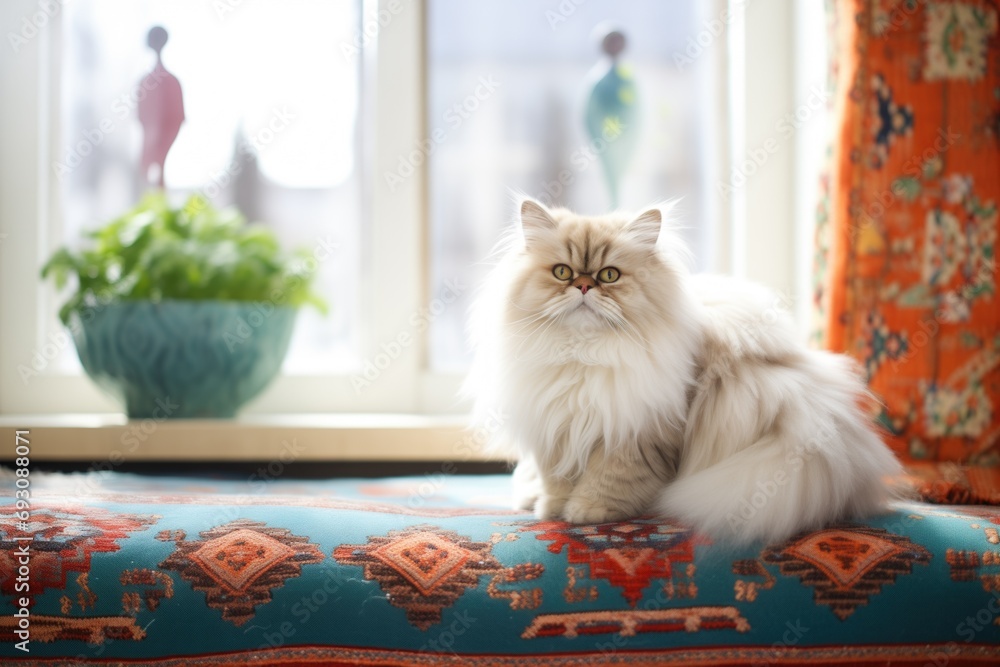 fluffy persian cat on a cushion by a bright window