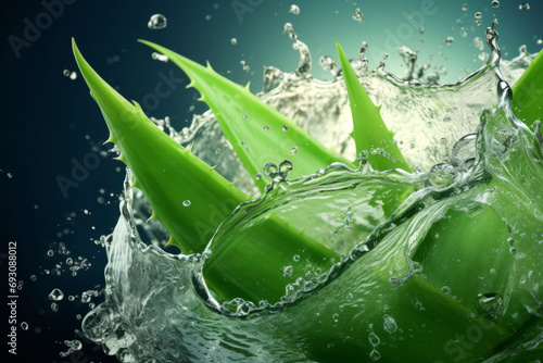 Fresh aloe vera leaves with water splash on black background.