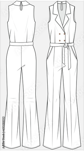 DOUBLE BREASTED NOTCH COLLAR DETAIL JUMPSUIT PLAYSUIT DESIGNED FOR WOMEN AND YOUNG WOMEN IN VECTOR ILLUSTRATION FILE
