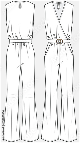 WRAP OVER JUMPSUIT PLAYSUIT WITH FIT AND FLARE DETAIL DESIGNED FOR WOMEN AND YOUNG WOMEN IN VECTOR ILLUSTRATION FILE