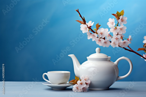 Cup of tea and teapot with cherry blossom on blue background. Copy space photo