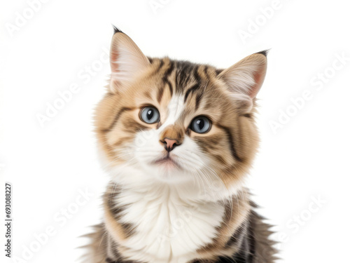 Cute fluffy kitten close up on a white background looking at the camera, pet