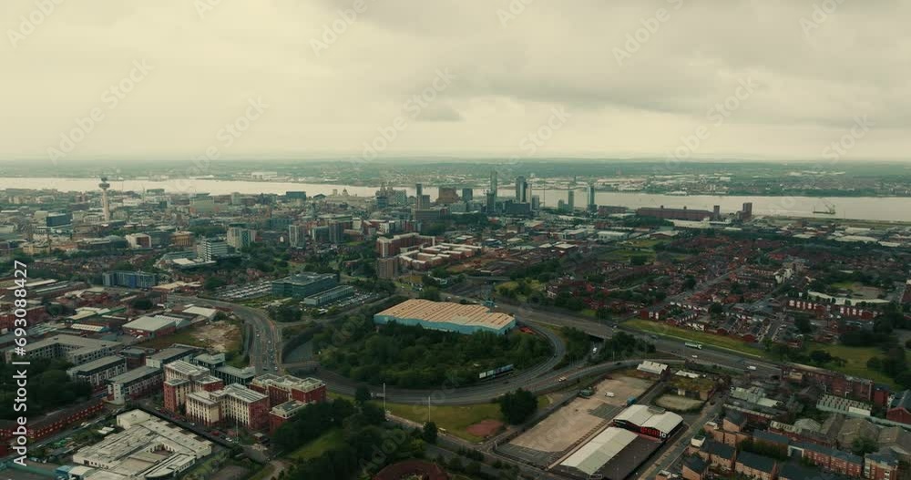 Urban panorama of dynamic and bustling city of Liverpool on grey weather day Urban panorama of dynamic and bustling city of Liverpool on grey weather day