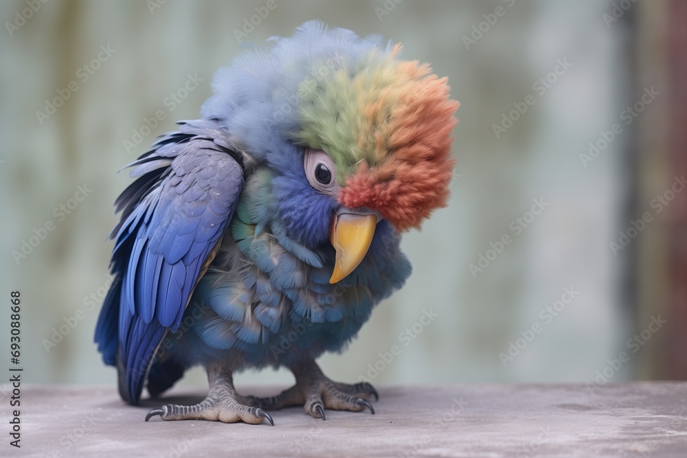 pionus parrot preening on a textured concrete stand